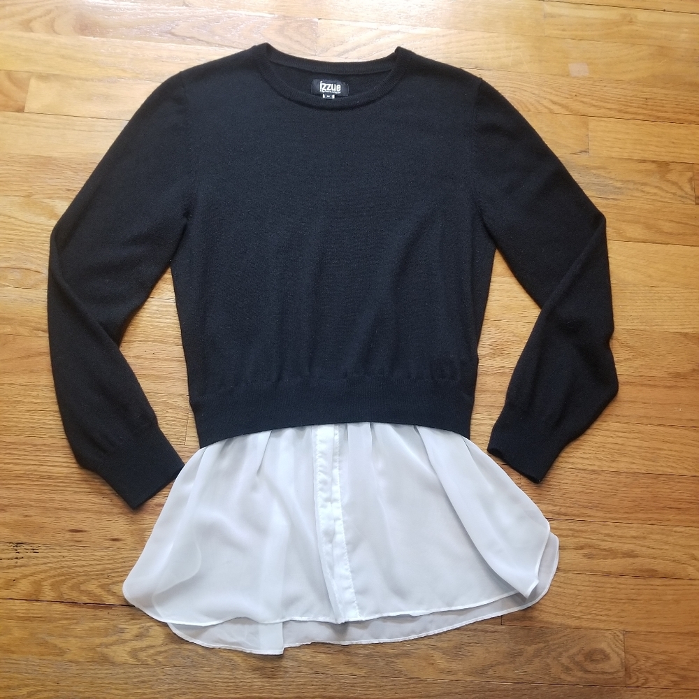 Izzue Crew Neck Black Sweater Top  Nylon Blend w/Blouse Bottom Med Slim …